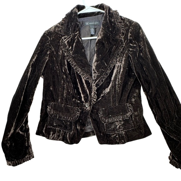INC International Concepts Jackets & Blazers - INC Velvet Blazer Womens Medium Brown Ruffle Trim Victorian Goth Jacket